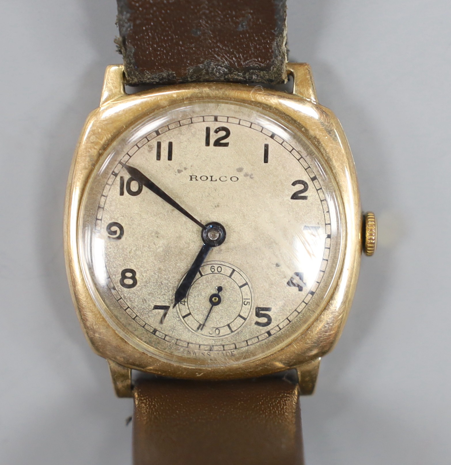 A gentleman's 1930's 9ct gold manual wind wrist watch, with Arabic dial signed 'Rolco' and subsidiary seconds, unsigned movement, the Rolex Watch Co. case diameter 29mm.